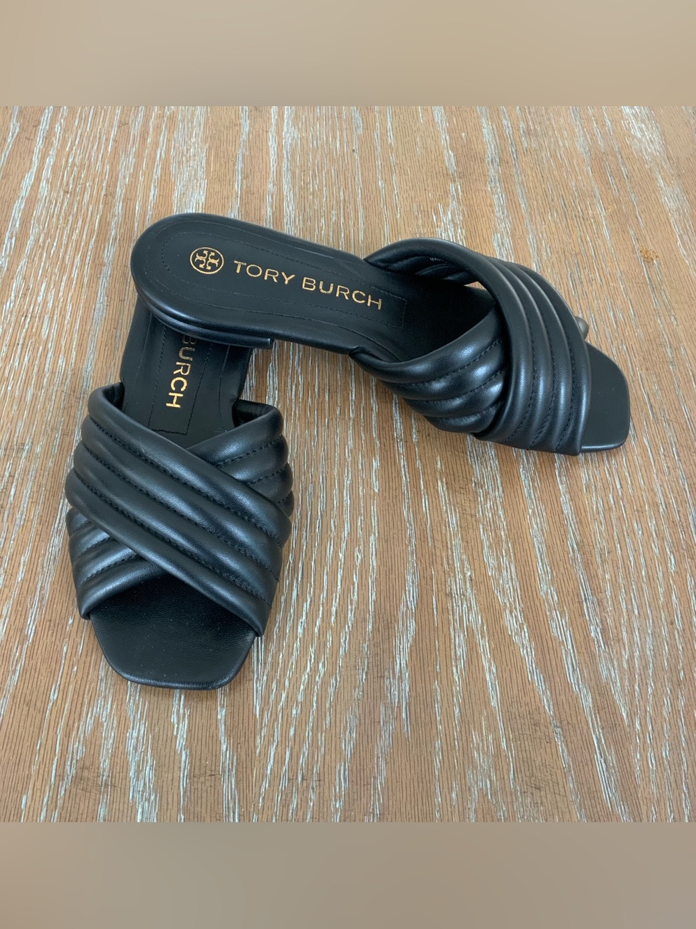 Tory Burch Black Leather Logo Slide Slip On Sandals Women's US 7.5